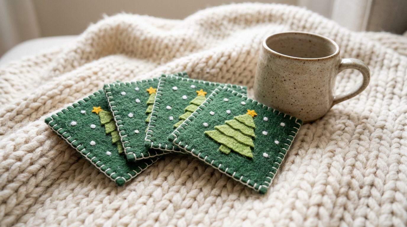 Green felt squares with layered felt trees and white stitched edges on a knit blanket