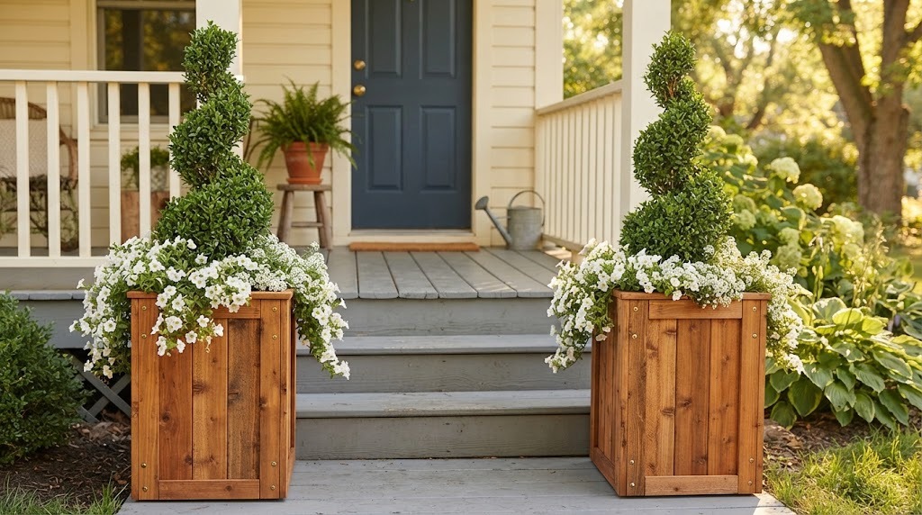Square planter boxes made from cut wooden fence pickets holding spiral topiaries