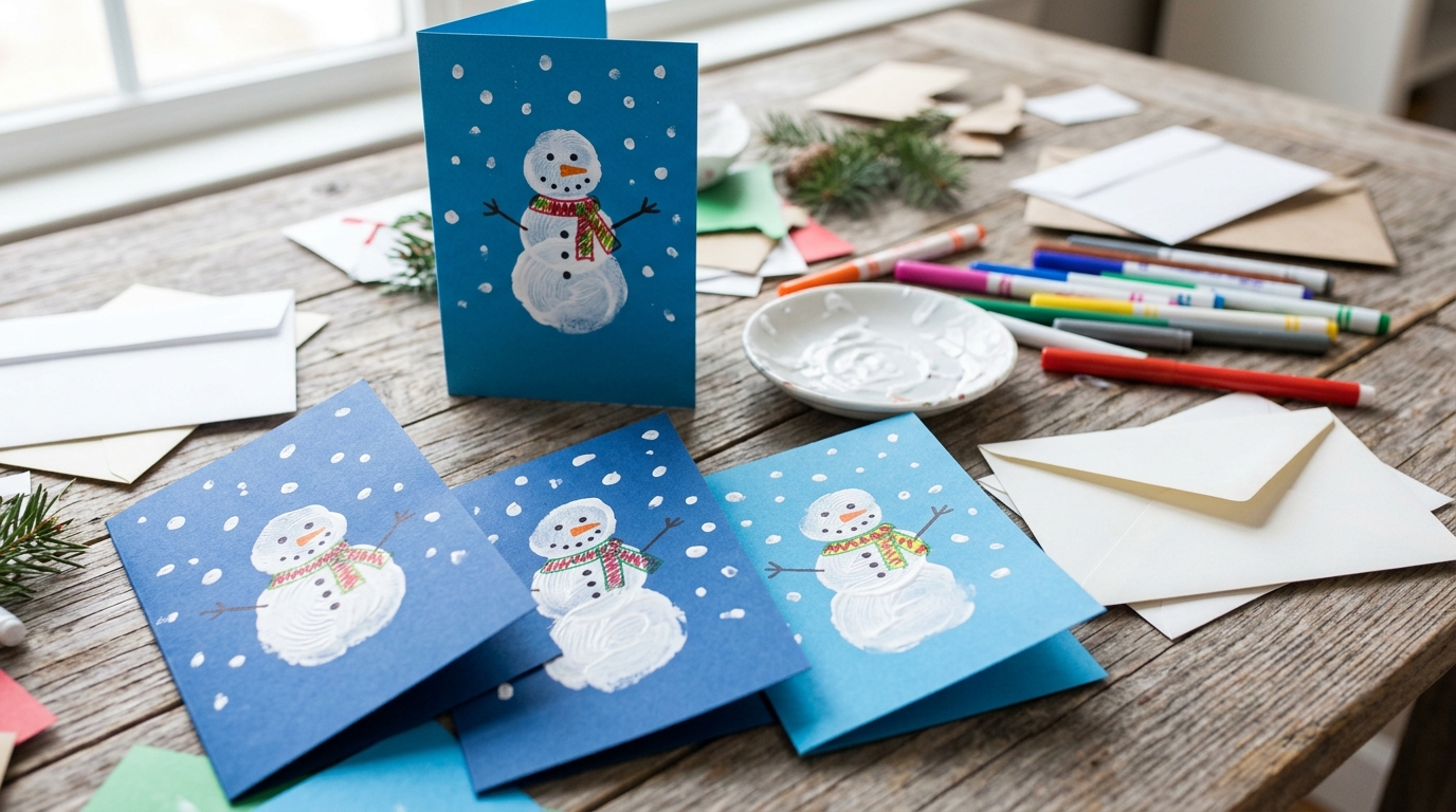 Blue handmade cards with little fingerprint snowmen and paint dot snowflakes