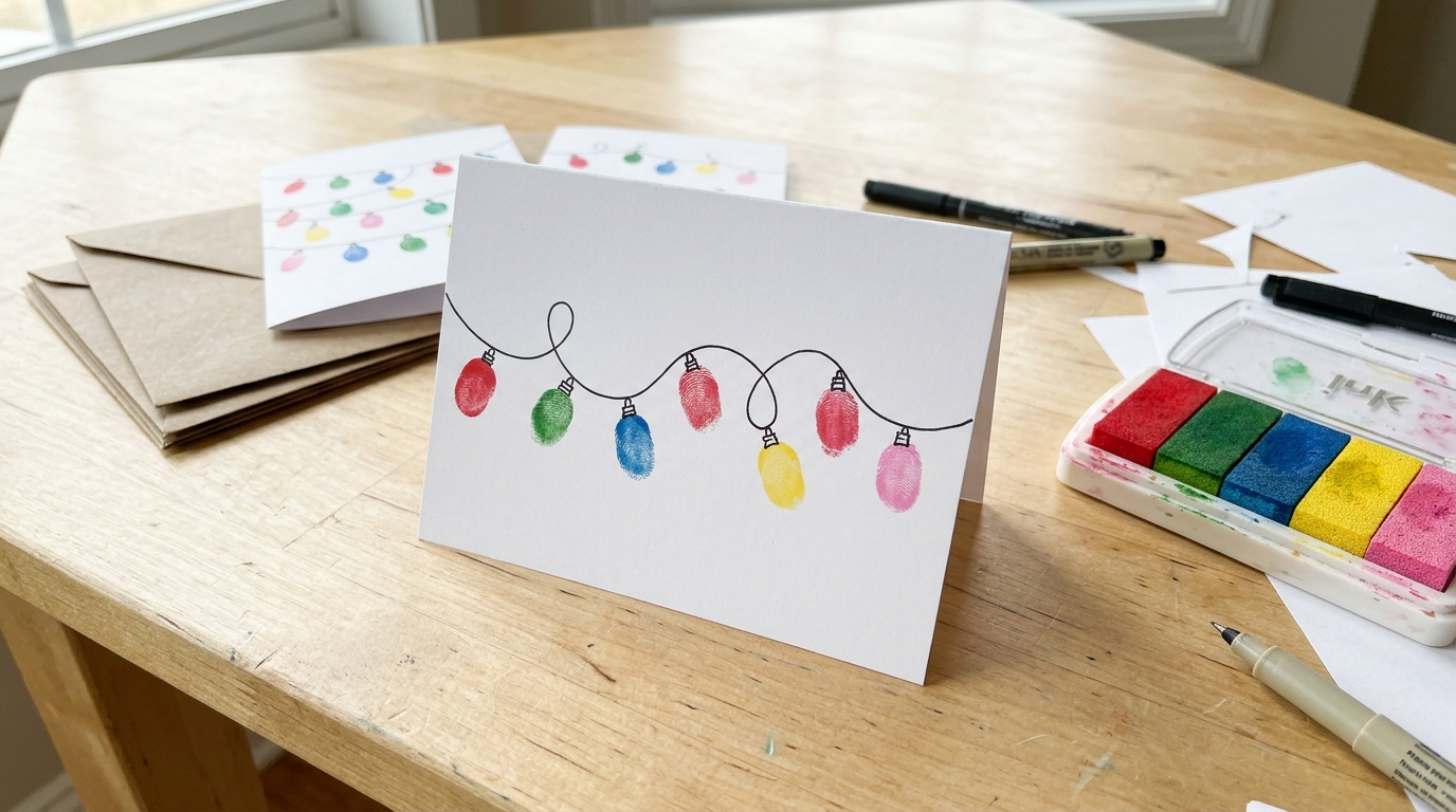 Handprint and footprint crafts: fingerprint string lights holiday card with a rainbow ink pad