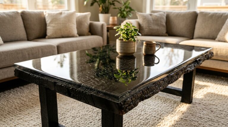 Fire epoxy table style: a charred black wood coffee table under glossy clear resin in a living room