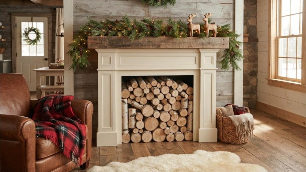 Stack of white birch logs filling the opening of a faux fireplace in a cabin style room