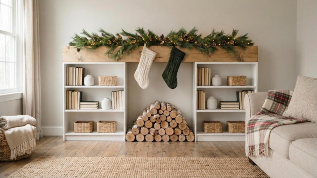 DIY faux fireplace built from two short white bookcases with a wood mantel board on top