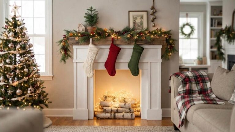 DIY faux fireplace made from white painted cardboard boxes with stockings and pine garland