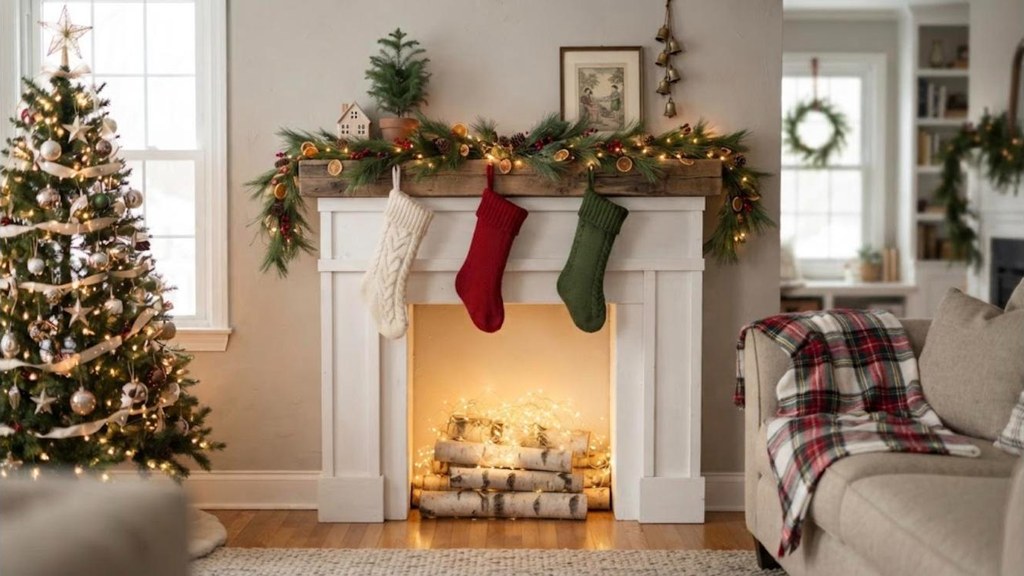 DIY faux fireplace made from white painted cardboard boxes with stockings and pine garland