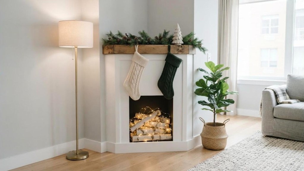 Small angled faux fireplace fitted into an unused corner of a bright apartment living room