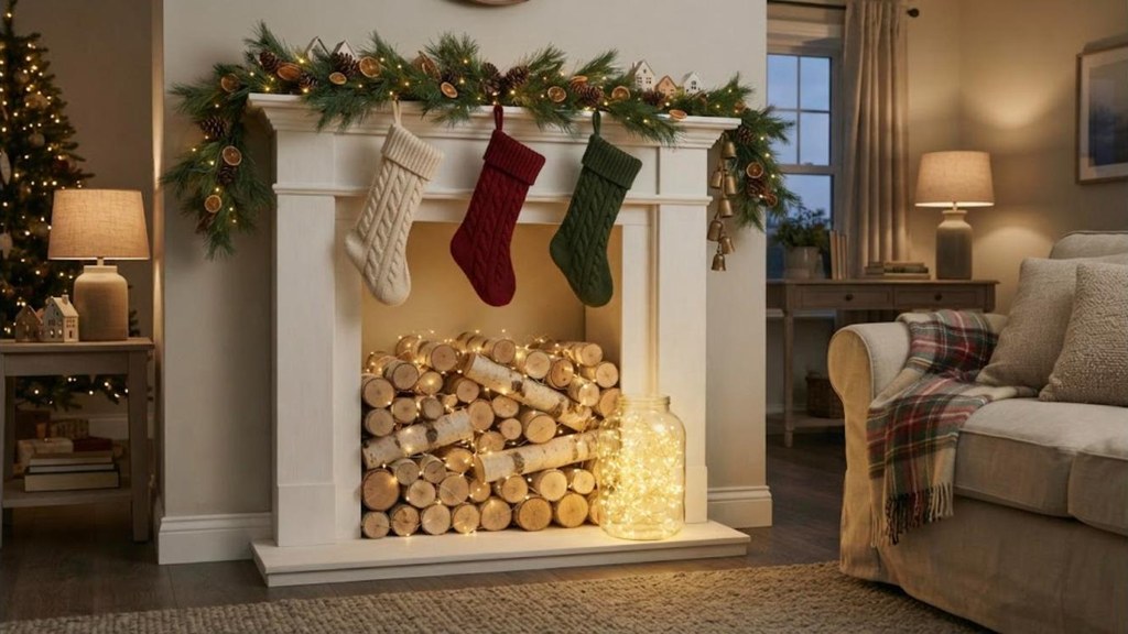 DIY faux fireplace glowing with warm battery fairy lights tucked between birch logs