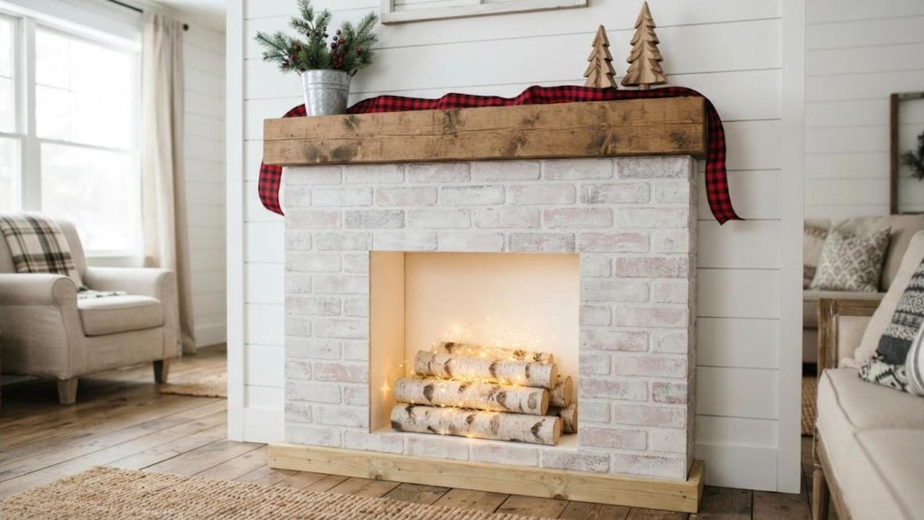 Pine frame fireplace covered in whitewashed faux brick panel with a farmhouse mantel