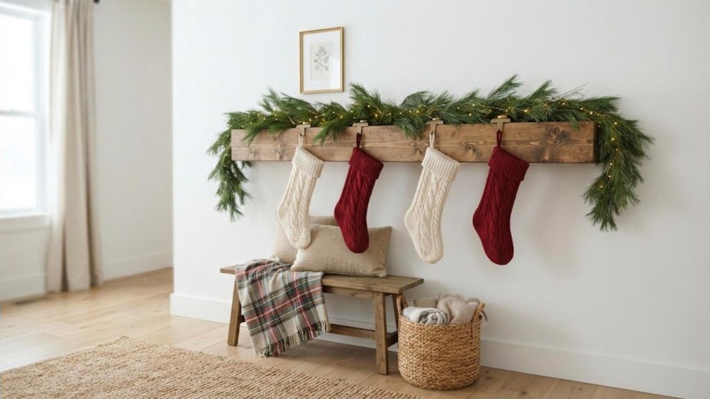 Chunky stained wood beam shelf on a wall with stockings and garland and no fireplace below
