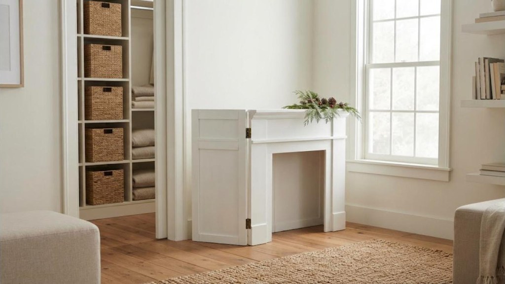 Faux fireplace built in hinged panels folding flat for storage in a closet