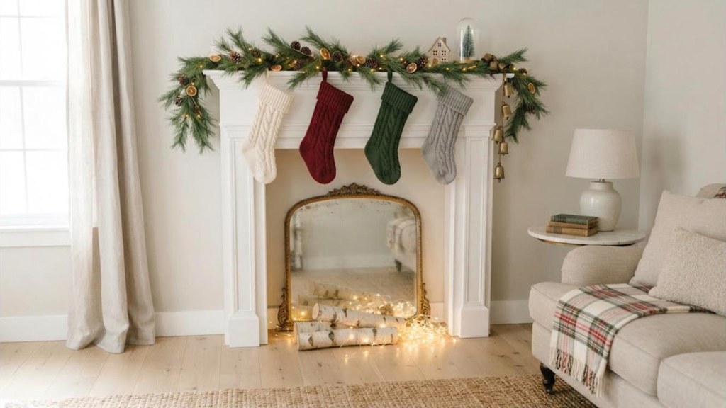 Thrifted mirror placed inside a faux fireplace opening reflecting fairy lights and logs