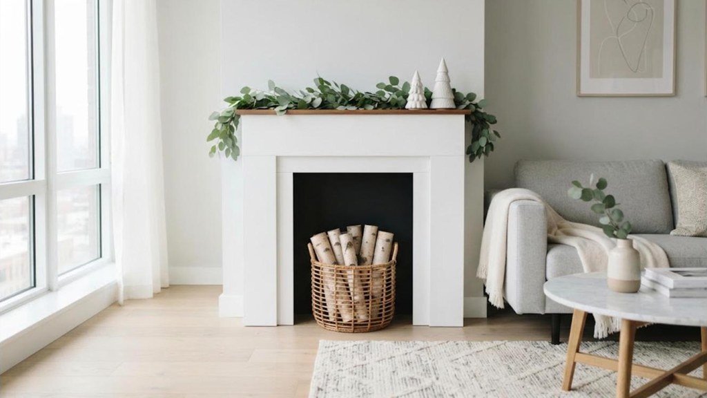 DIY faux fireplace freestanding white mantel leaning on an apartment wall with no holes