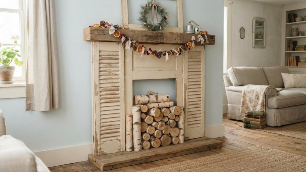 Shabby chic fireplace surround made from thrifted wood shutters painted soft cream