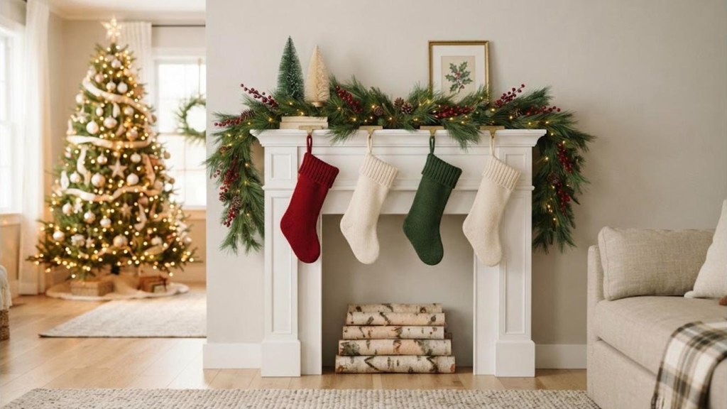 DIY faux fireplace styled with dollar store garland, red berry picks and four knit stockings