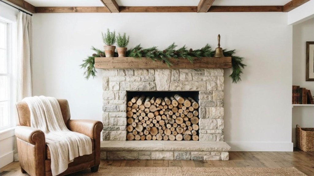 DIY faux fireplace with a gray and cream painted stone look surround in a cottage room