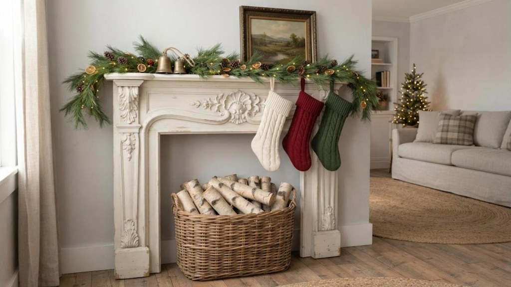 Old wood mantel from a thrift store painted soft white and leaned against a living room wall