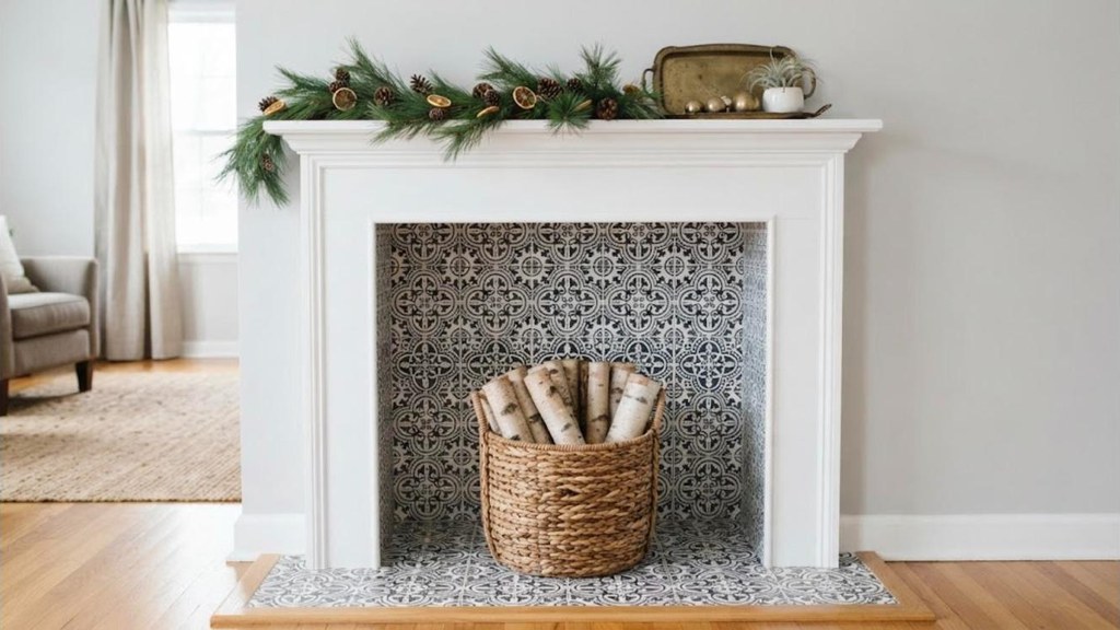Faux fireplace firebox lined with black and white peel and stick patterned tiles