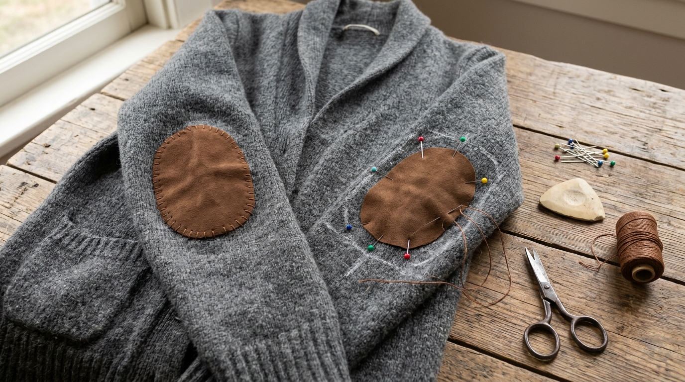 Brown suede elbow patches stitched onto a gray cardigan