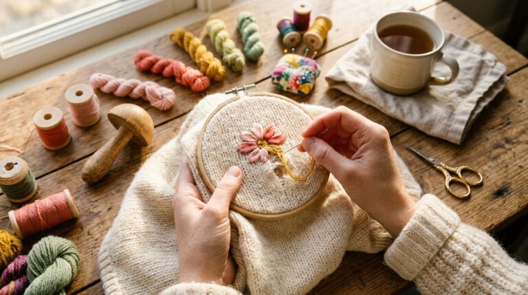 Fix holes in clothes by embroidering a colorful flower over a hole in a cream knit sweater