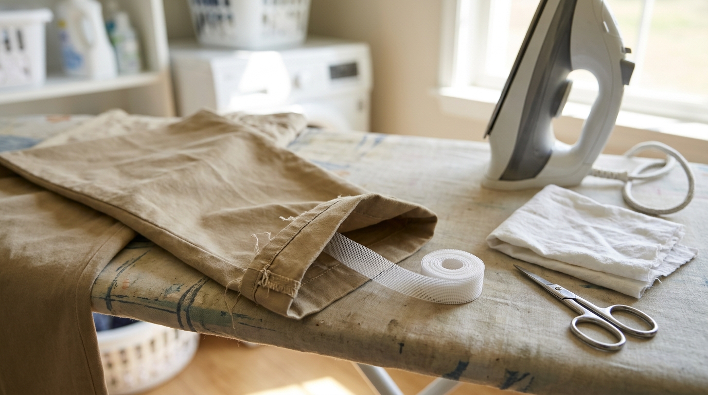Fusible hem tape inside a pants hem on an ironing board