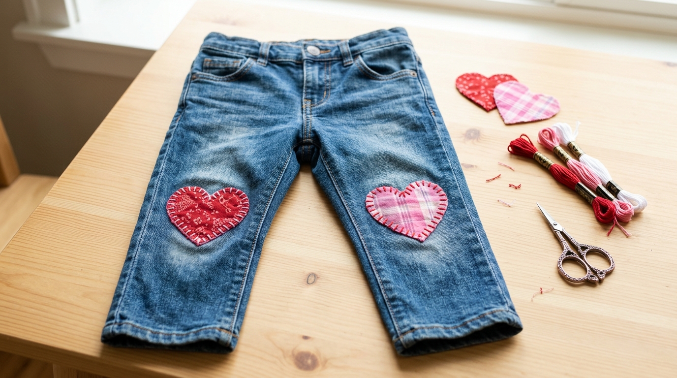 Heart knee patches sewn on small kids jeans