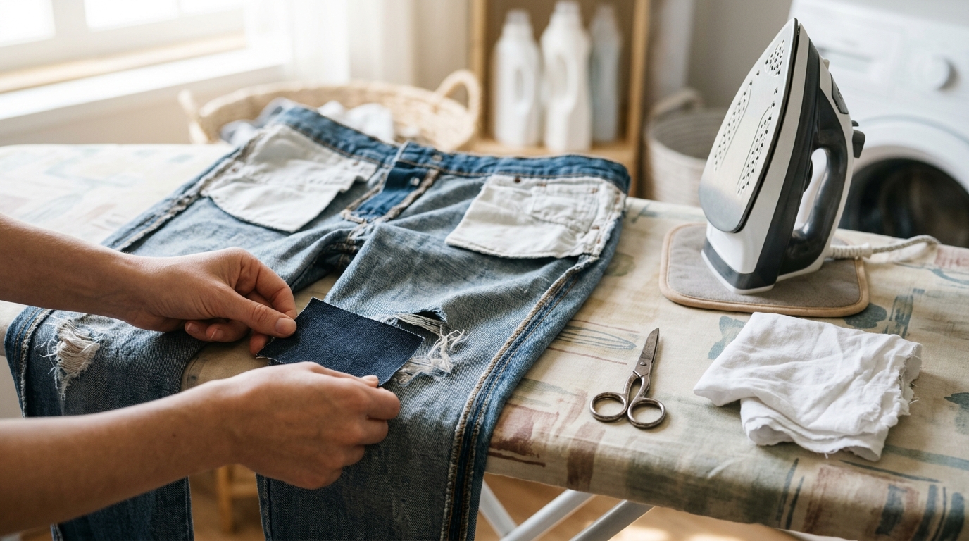 Iron-on patch inside ripped jeans to fix holes in clothes without sewing