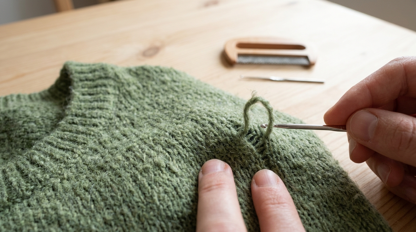 Pulling a snag back through a green knit sweater with a crochet hook