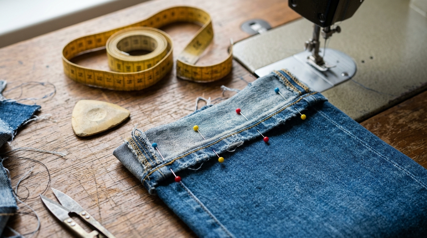 Original faded jeans hem pinned to a shortened leg