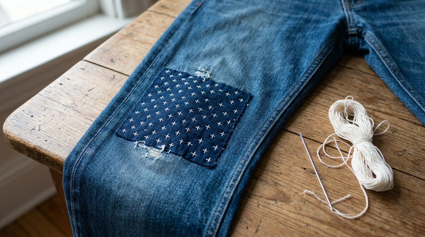 Sashiko patch used to fix holes in clothes like worn jeans knees