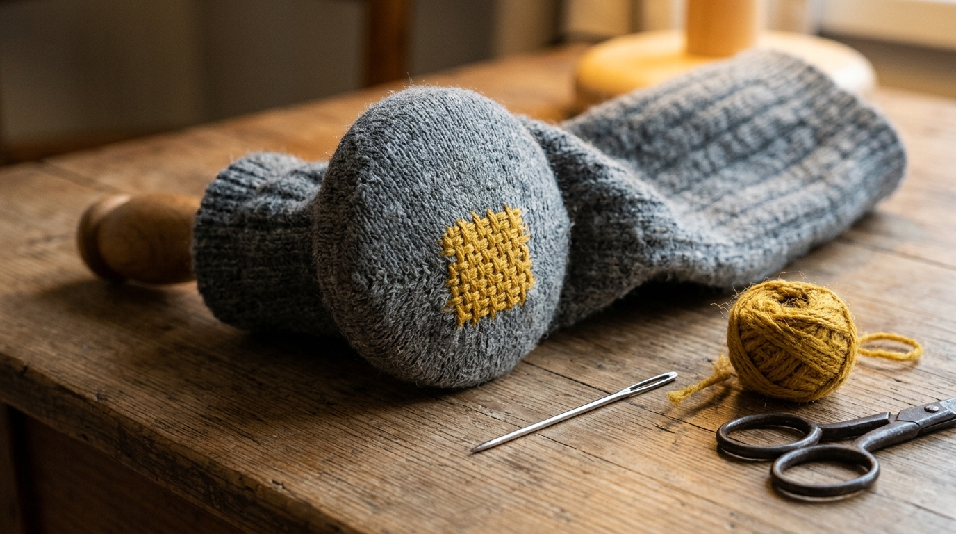 Darned sock heel showing how to fix holes in clothes with yarn