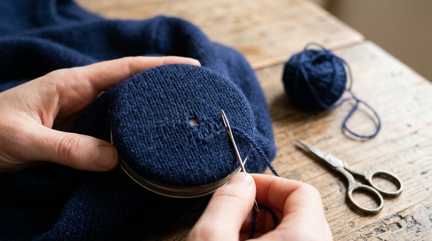 Matching yarn and needle used to fix holes in clothes like a navy sweater