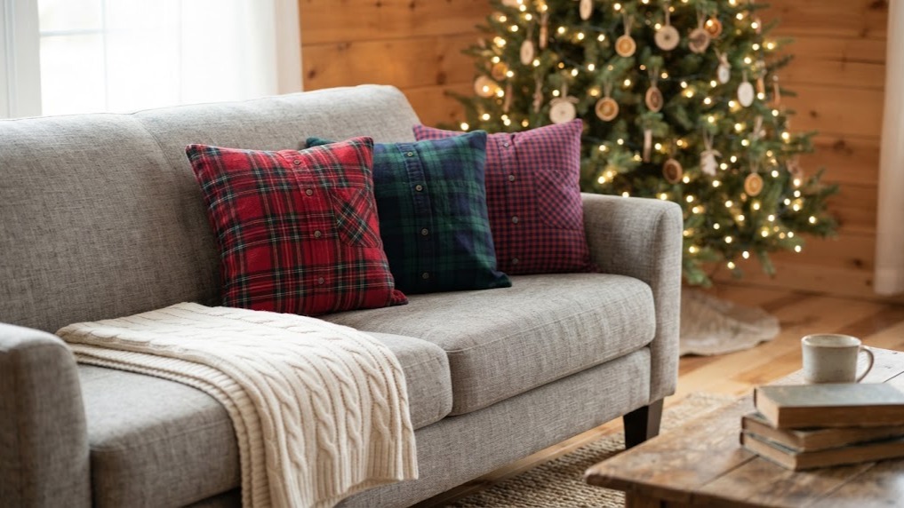 Three pillows made from old flannel plaid shirts with buttons on a gray sofa
