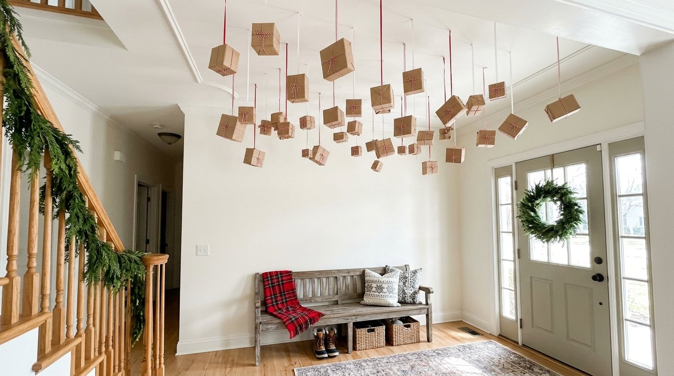 Small kraft paper gift boxes hanging on ribbon in a bright entryway