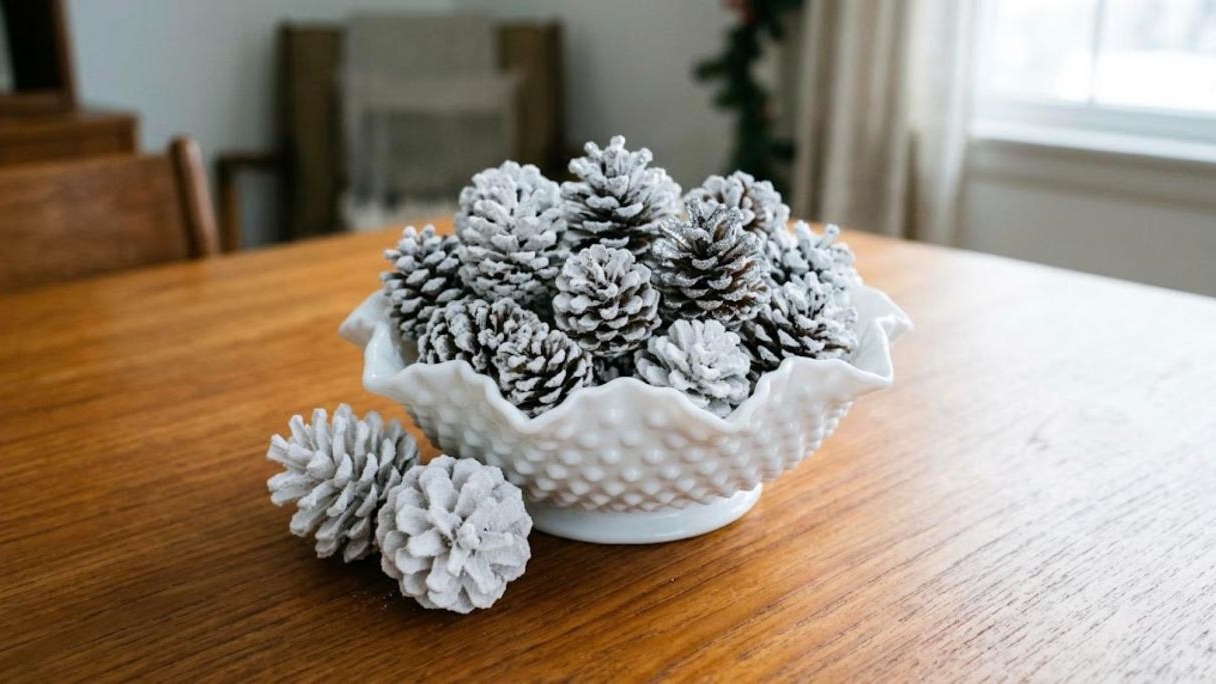White flocked pinecones in a hobnail milk glass bowl on a wood table