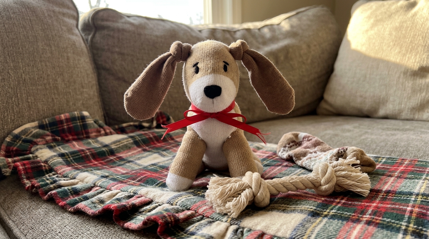 Tan sock puppy with floppy ears and a red collar on a plaid blanket