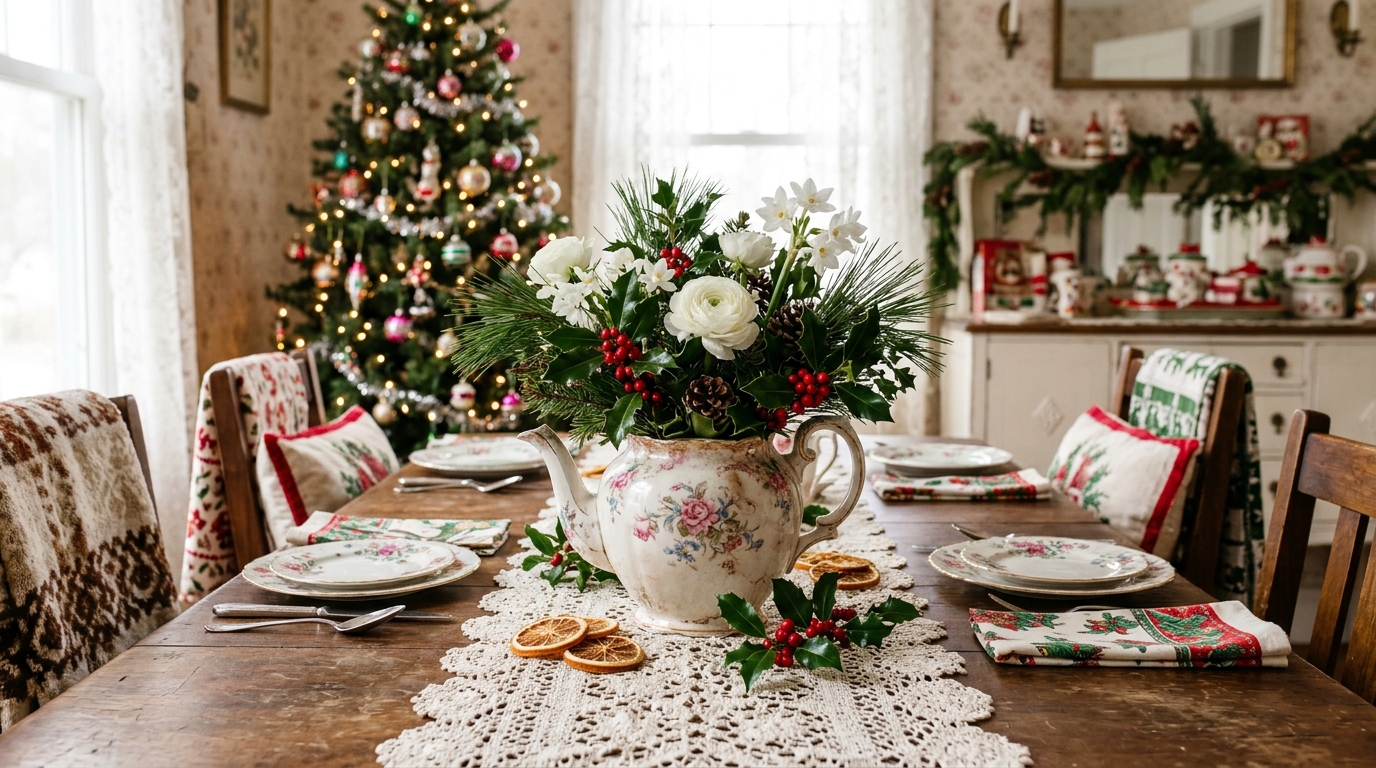 Vintage china Christmas decor centerpiece: a floral teapot filled with holly and white flowers