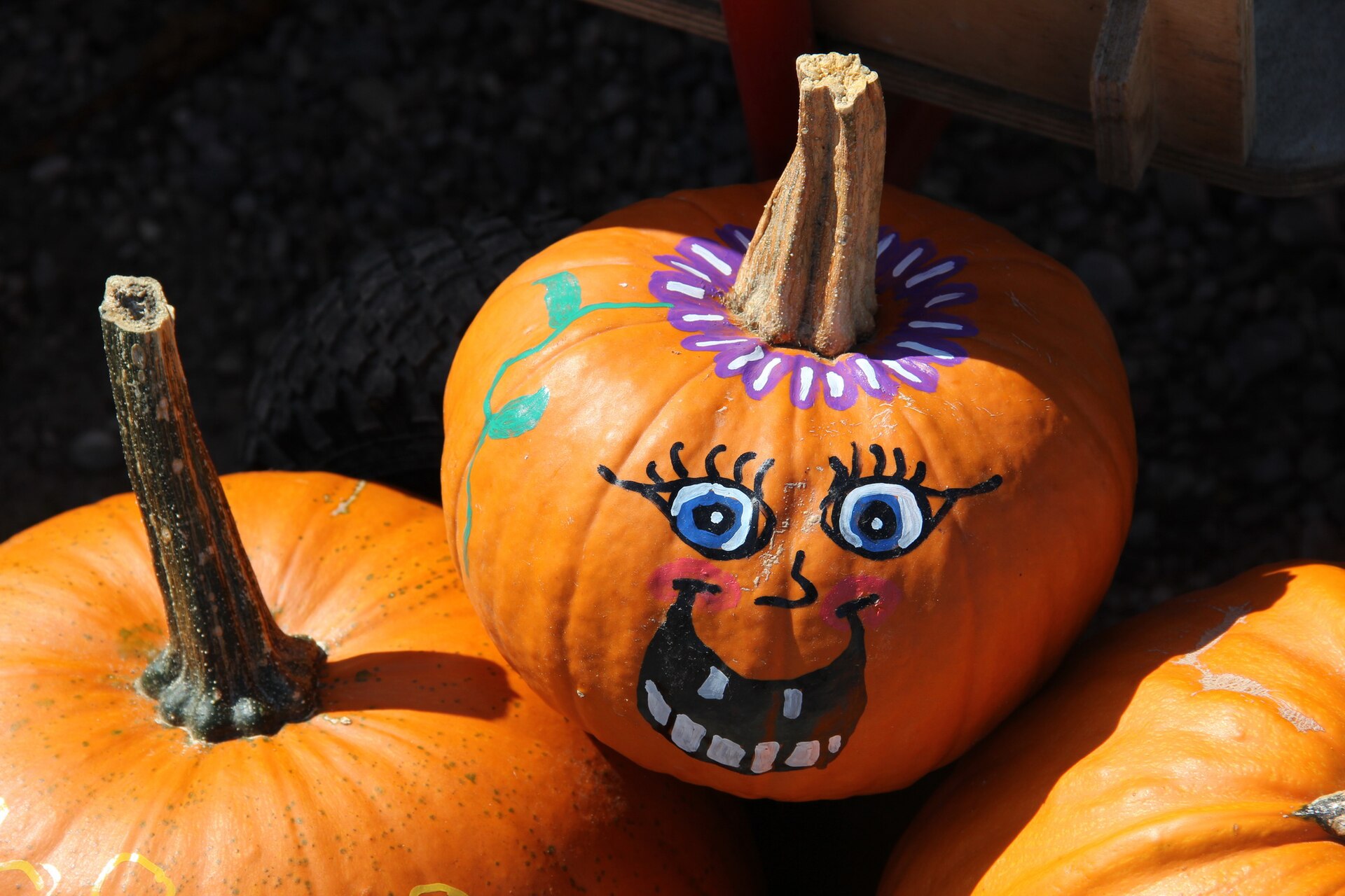 Orange pumpkin with a painted smiling face and purple flowers at the stem