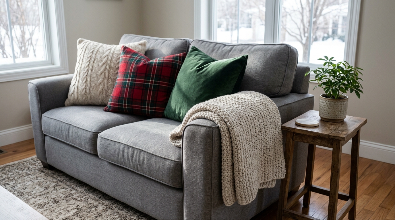 Gray sofa with fluffed pillows in cream knit, red plaid and green velvet covers