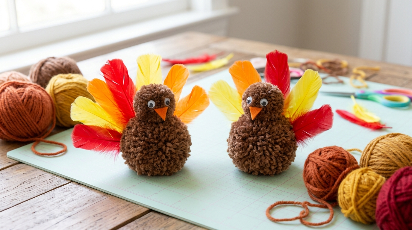 Two fluffy pom pom turkeys with bright craft feathers and googly eyes on a pastel mat