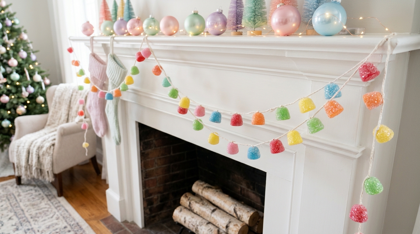 Colorful foam gumdrop garland draped across a white fireplace mantel