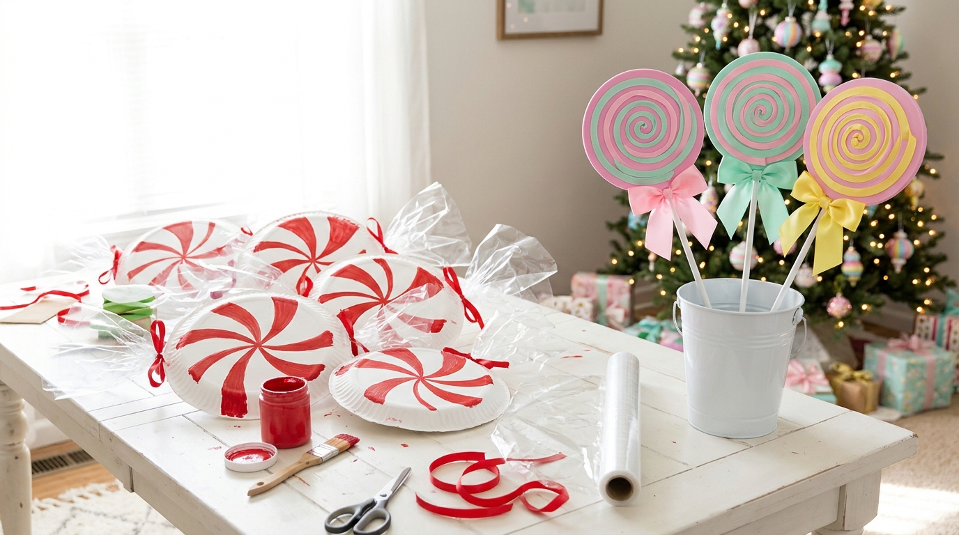 Jumbo handmade lollipops with pink, mint and yellow swirls on white sticks