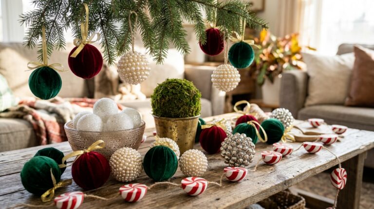 Foam Ball Christmas Crafts including velvet ornaments, a moss topiary, pearl orbs and a peppermint garland on a coffee table