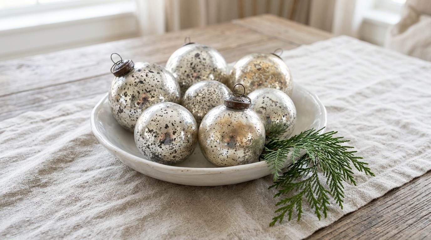 Foam Ball Christmas Crafts painted to look like antique mercury glass orbs in a white dish