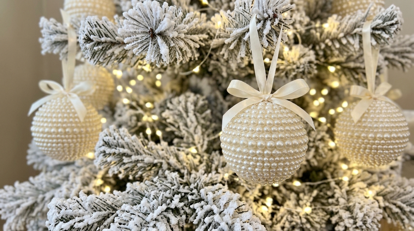 Foam balls covered in rows of faux pearls hanging on a flocked tree