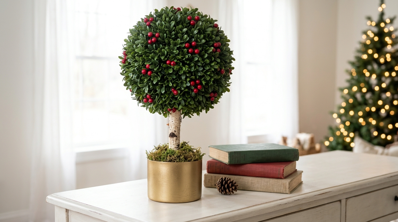 Foam Ball Christmas Crafts topiary with faux boxwood and red berries in a small gold pot
