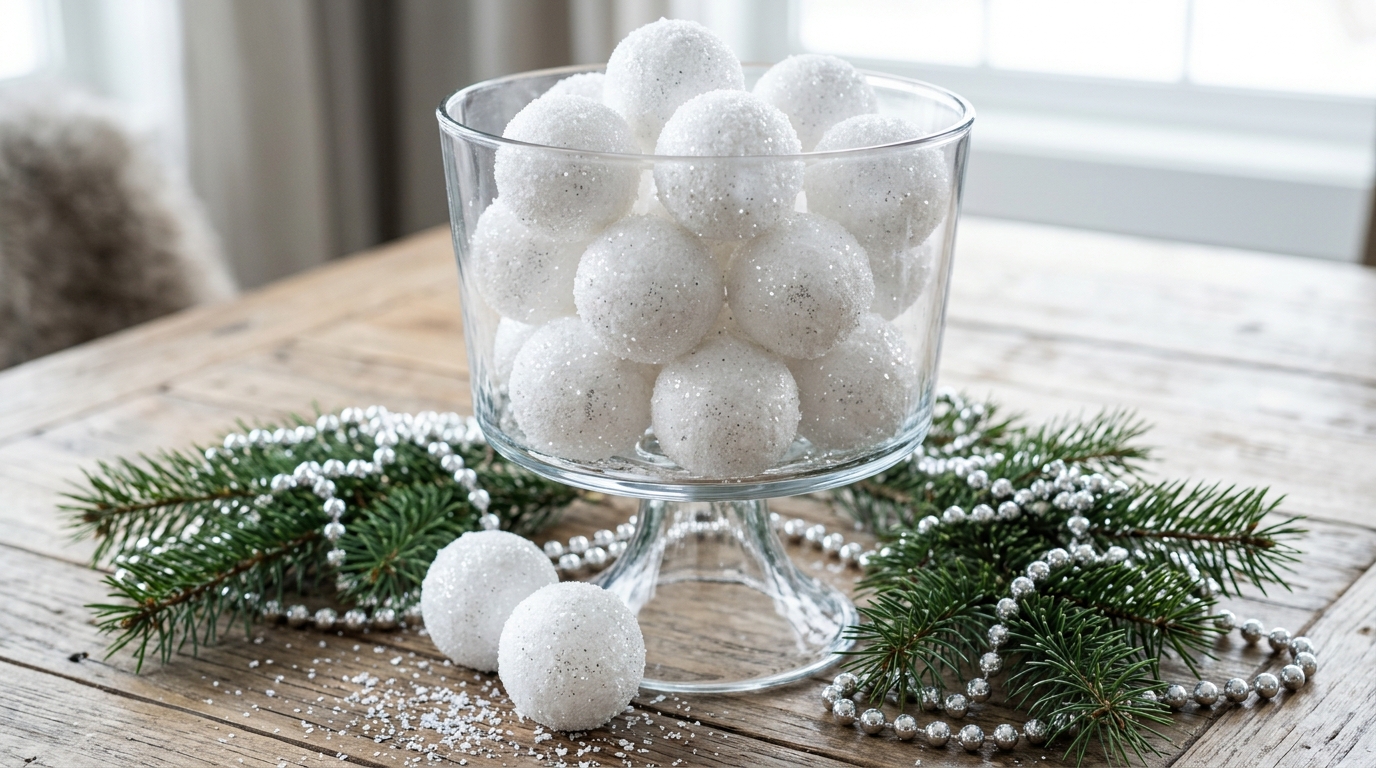 Glitter covered faux snowballs in a glass trifle bowl with silver beads