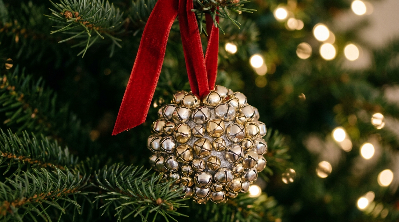 Foam ball ornament covered in tiny silver and gold jingle bells on a red ribbon