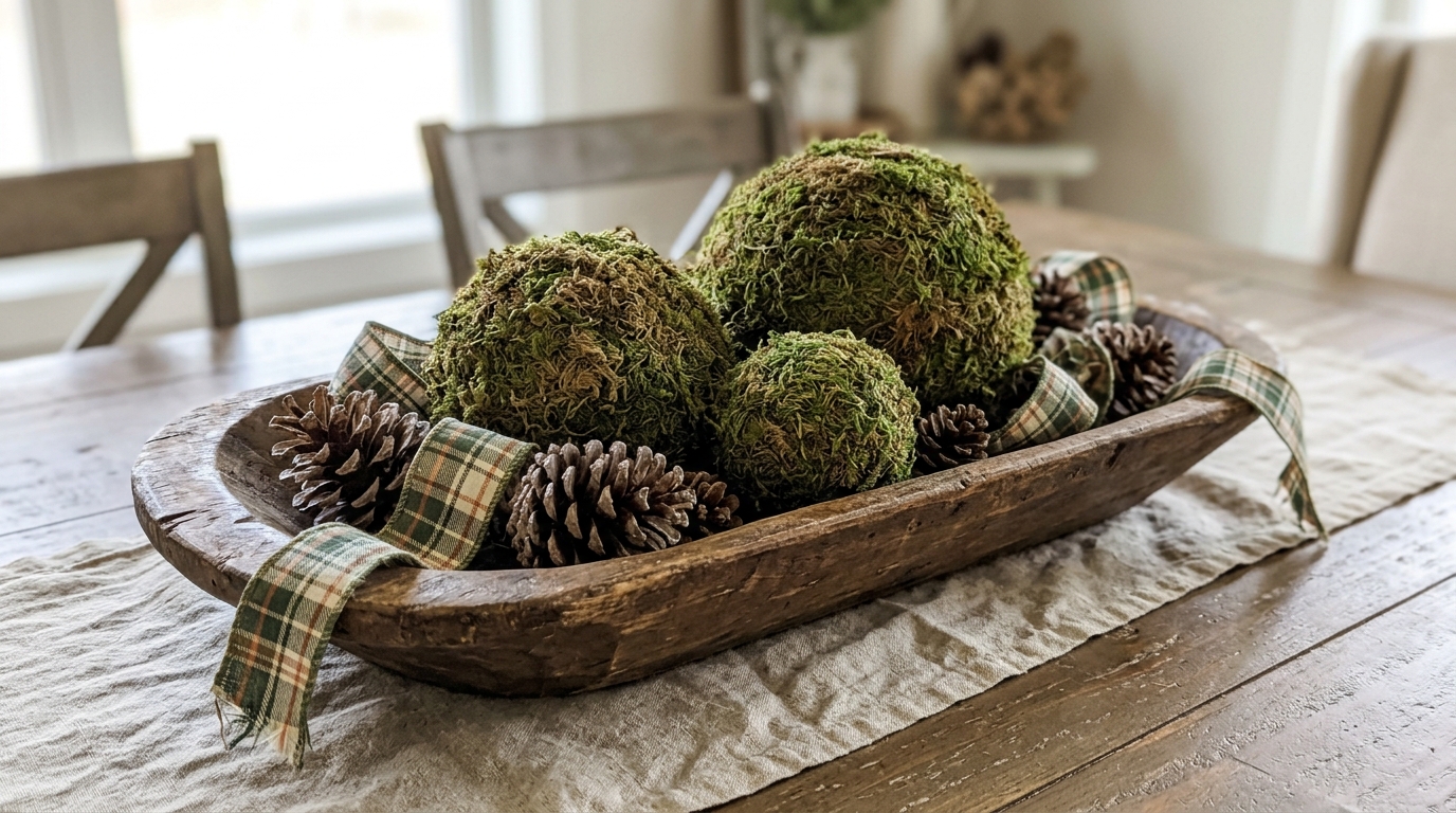 Foam Ball Christmas Crafts moss ball trio in a wooden dough bowl with pinecones