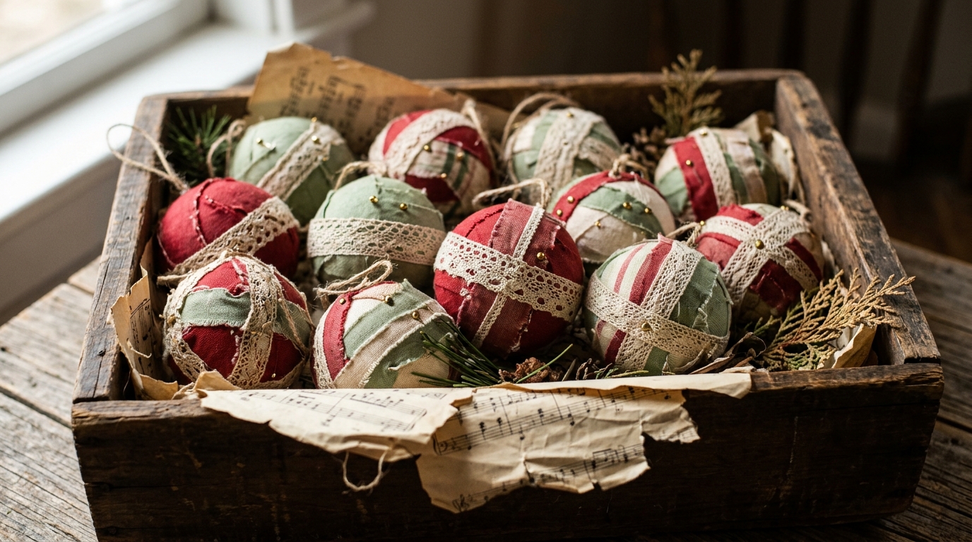 Ribbon wrapped vintage style ornaments with lace trim in an old wooden crate