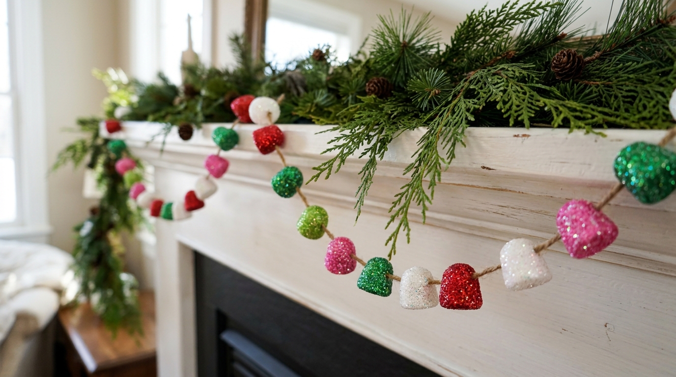 Glittered gumdrop garland draped on a white mantel shelf with greenery